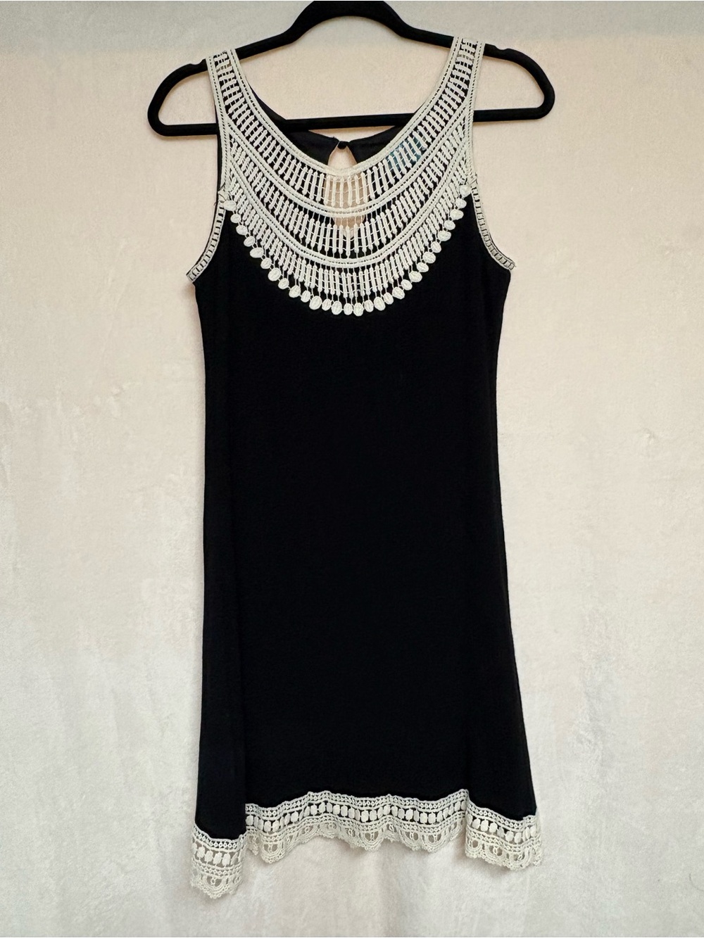 Black Mini Dress with Ivory Crochet Yoke and Hem - Women's Sleeveless Dress